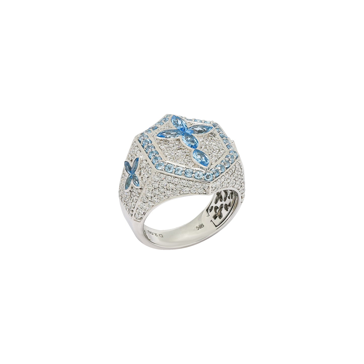 Diamond Cross Ring with Blue Topaz Marquise Cut Gemstones