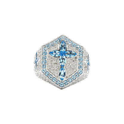 Diamond Cross Ring with Blue Topaz Marquise Cut Gemstones