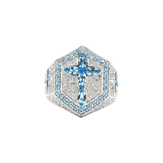 Diamond Cross Ring with Blue Topaz Marquise Cut Gemstones
