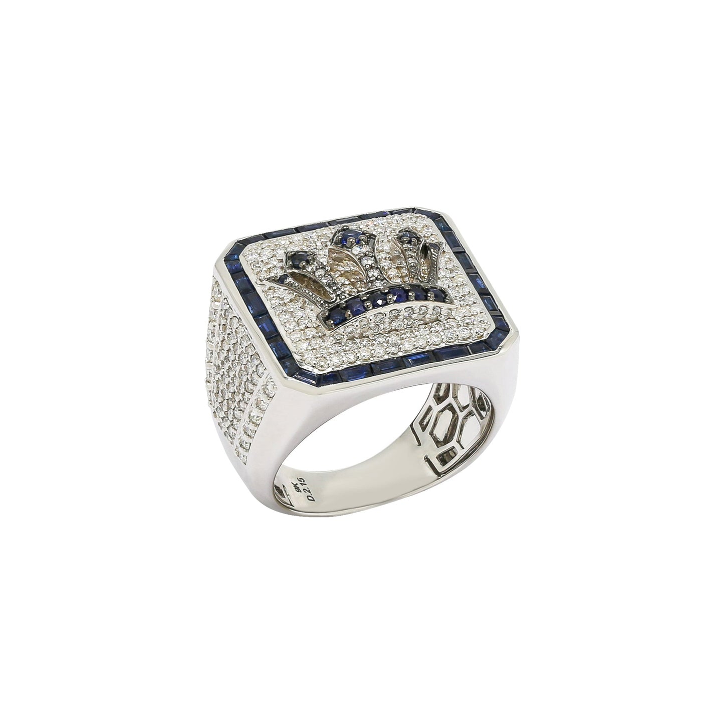 Diamond Crown Signet Men's Ring in Solid Gold 2.16 ctw Natural Diamond & Blue Sapphire
