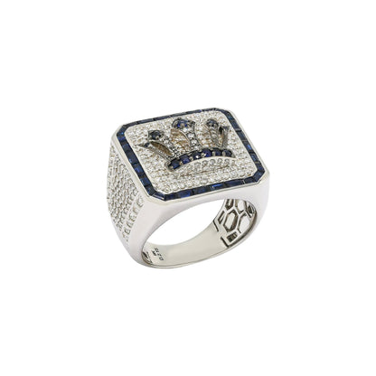 Diamond Crown Signet Men's Ring in Solid Gold 2.16 ctw Natural Diamond & Blue Sapphire
