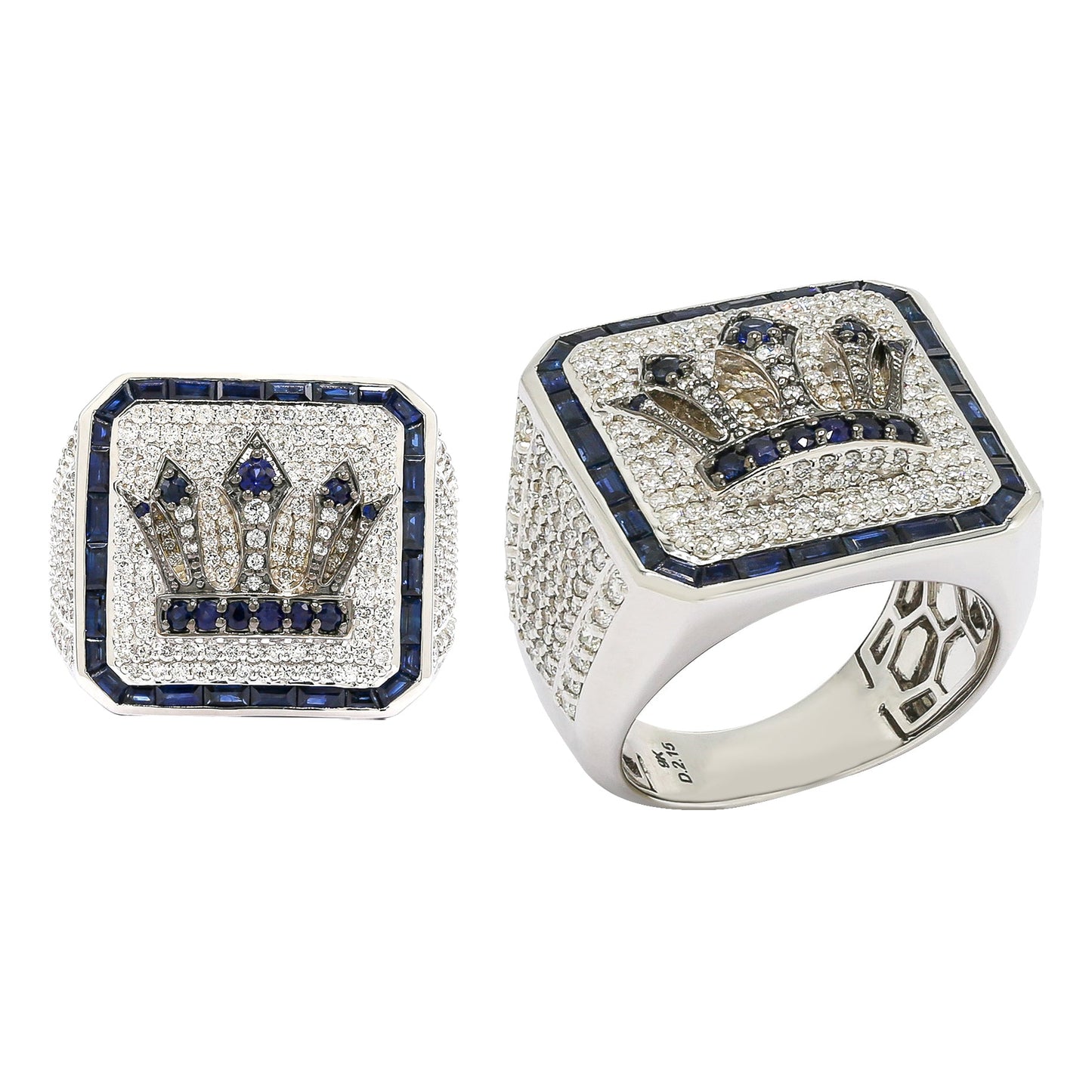Diamond Crown Signet Men's Ring in Solid Gold 2.16 ctw Natural Diamond & Blue Sapphire