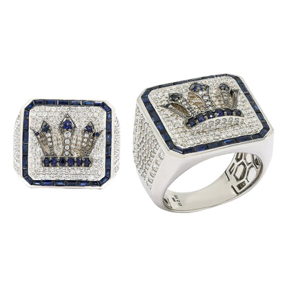 Diamond Crown Signet Men's Ring in Solid Gold 2.16 ctw Natural Diamond & Blue Sapphire