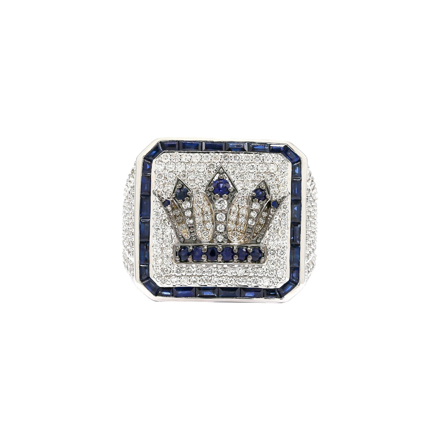 Diamond Crown Signet Men's Ring in Solid Gold 2.16 ctw Natural Diamond & Blue Sapphire