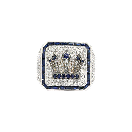 Diamond Crown Signet Men's Ring in Solid Gold 2.16 ctw Natural Diamond & Blue Sapphire
