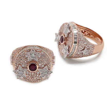 Floating Star Real Diamond Baguette Signet Men's Ring in Solid Gold 3.87 ctw Diamond and Ruby