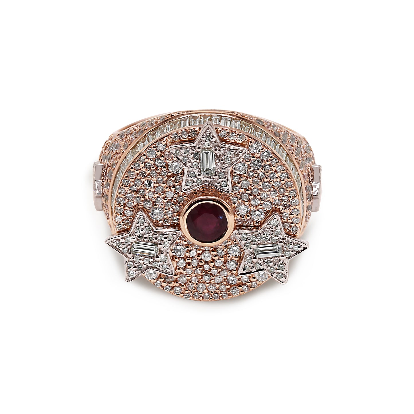 Floating Star Real Diamond Baguette Signet Men's Ring in Solid Gold 3.87 ctw Diamond and Ruby
