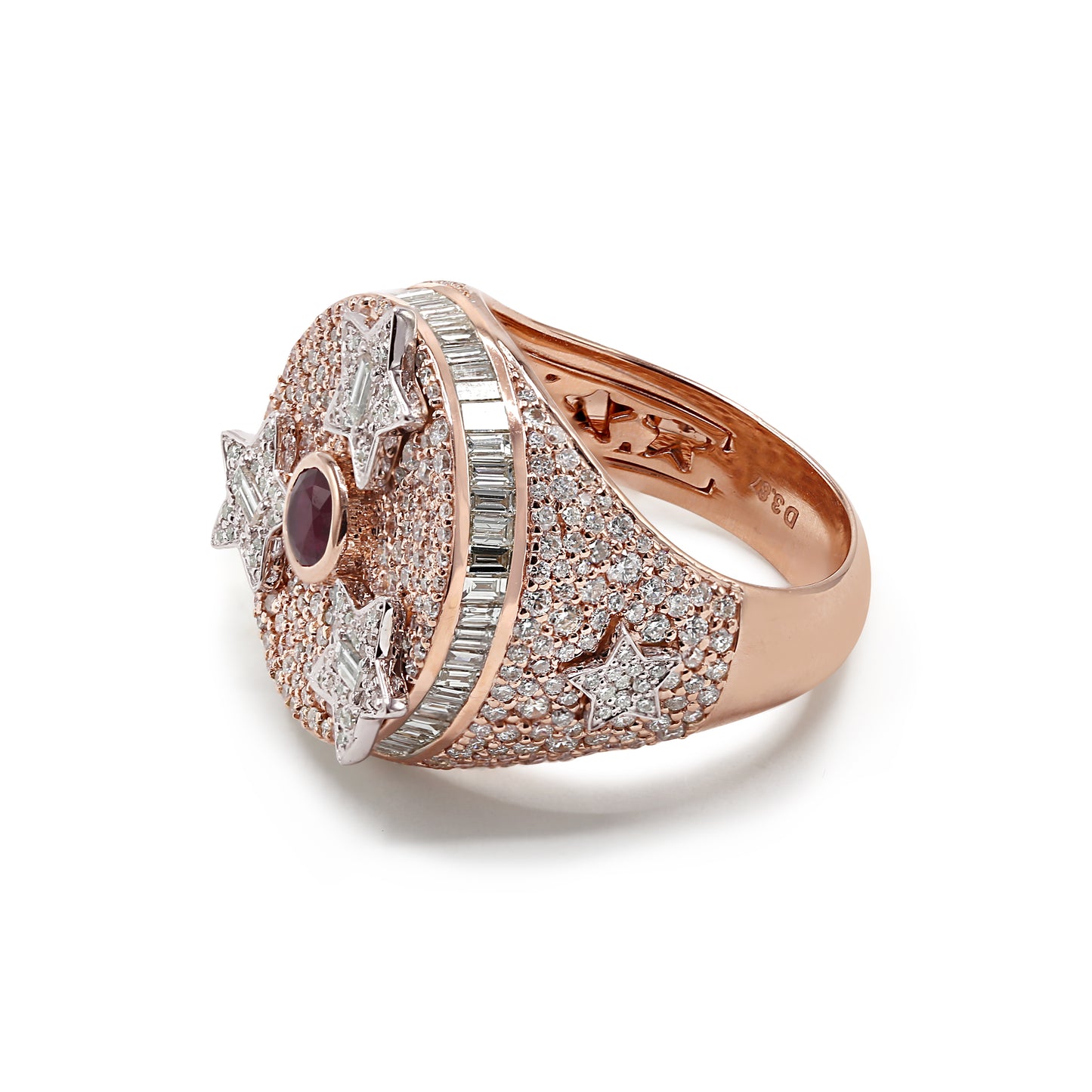Floating Star Real Diamond Baguette Signet Men's Ring in Solid Gold 3.87 ctw Diamond and Ruby