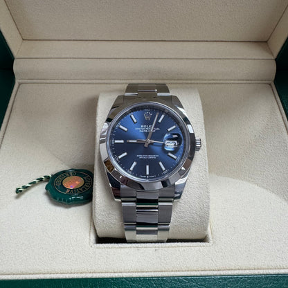 2020 Rolex Datejust 41 Stainless Steel Blue Index Dial Oyster Bracelet Smooth Bezel 126300