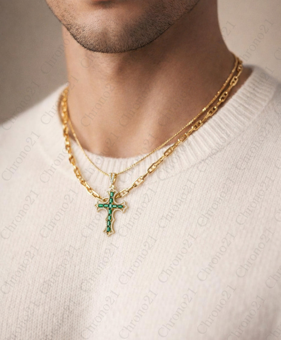 Natural Emerald and Diamond Cross Pendent