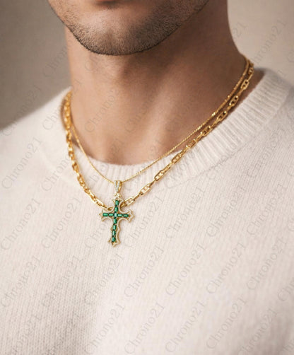 Natural Emerald and Diamond Cross Pendent