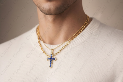 Natural Blue Sapphire and Diamond Cross Pendent