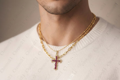 Natural Ruby and Diamond Cross Pendent