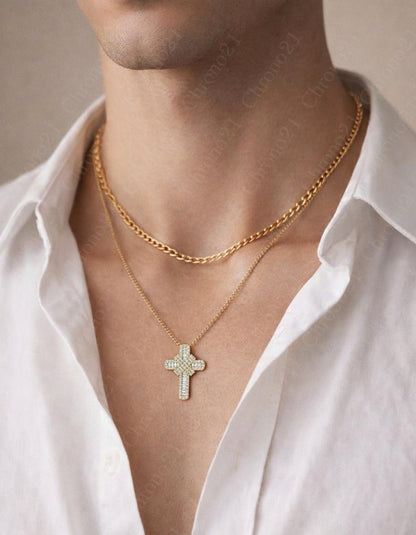 Natural Baguette Diamond Cross Pendant in Gold
