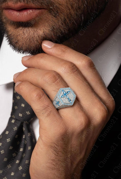 Diamond Cross Ring with Blue Topaz Marquise Cut Gemstones