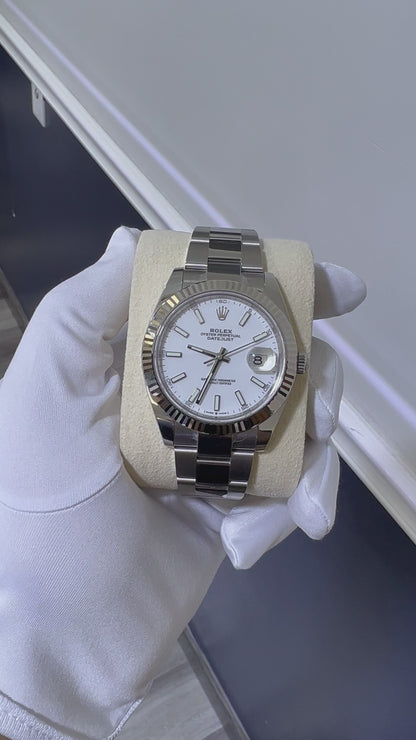 2025 Rolex Datejust 41 Stainless Steel & 18K White Gold White Index Dial Oyster Bracelet Fluted Bezel 126334