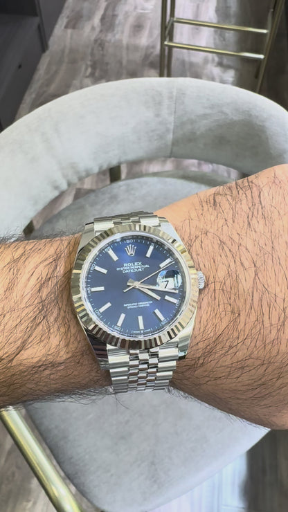 2025 Rolex Datejust 41 Stainless Steel & 18K White Gold Blue Index Dial Jubilee Bracelet Fluted Bezel 126334